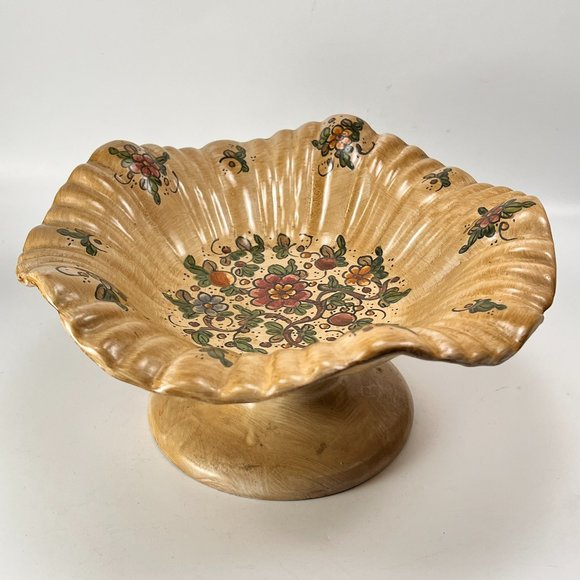 Vtg Cerbella Gubbio Ceramic Stoneware Pedestal Scalloped Fruit Bowl Floral Italy